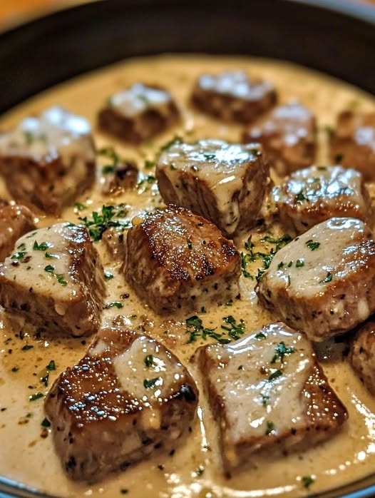 Zarte Steakwürfel in verführerischer Parmesan-Sahnesoße